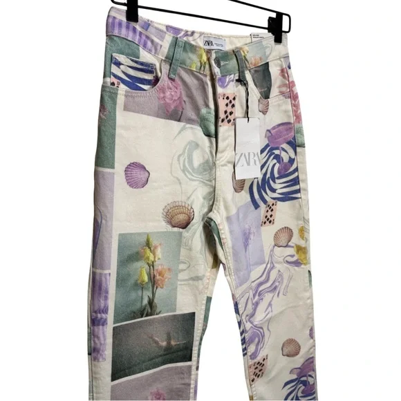 Zara NWT Size 4 Cream Pastel Seashell Art Print Straight Leg Jeans - Picture 5 of 11